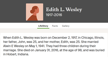 Edith Seivert Wesley life info, Class of 1934