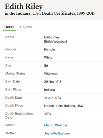 Edith Westbay Riley death certificate info, Class of 1933