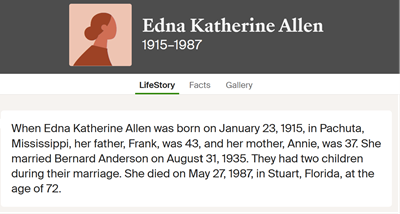 Edna Allen Anderson info, Class of 1933