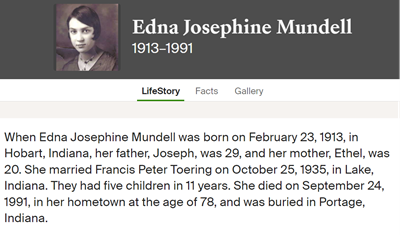 Edna Mundell Toering marriage info, Class of 1930