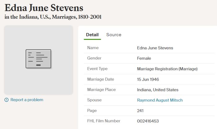 Edna Stevens Mitsch marriage info, Class of 1942