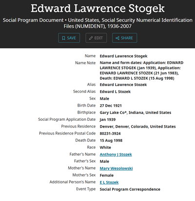Edward Stozek life info, Class of 1939