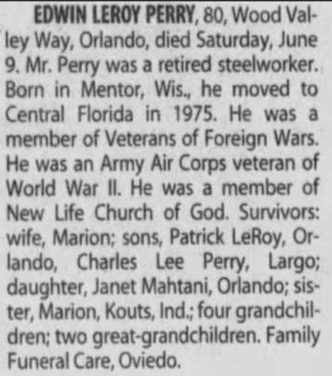 Edwin Perry obit, Class of 1939