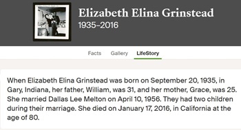 Elizabeth Betty Grinstead Melton life info, Class of 1953