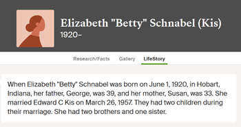 Elizabeth (Betty) Schnabel Kis life info, Class of 1938