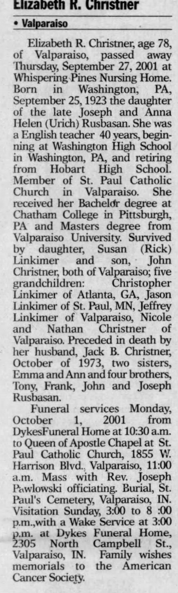 Elizabeth Christner (teacher) newspaper obituary