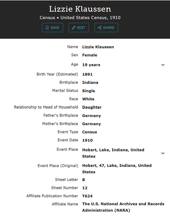 Elizabeth Lizzie Klaussen census record, Class of 1909