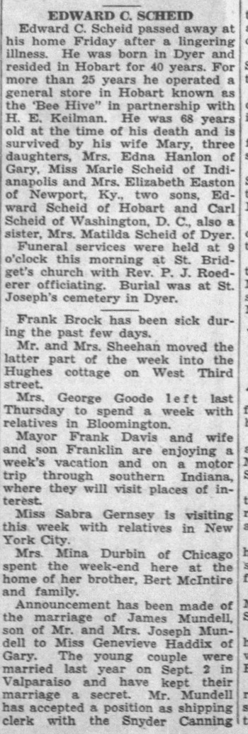 Elizabeth (Betty) Schedi (Scheidt) Easton's father Edward's obituary, Class of 1930