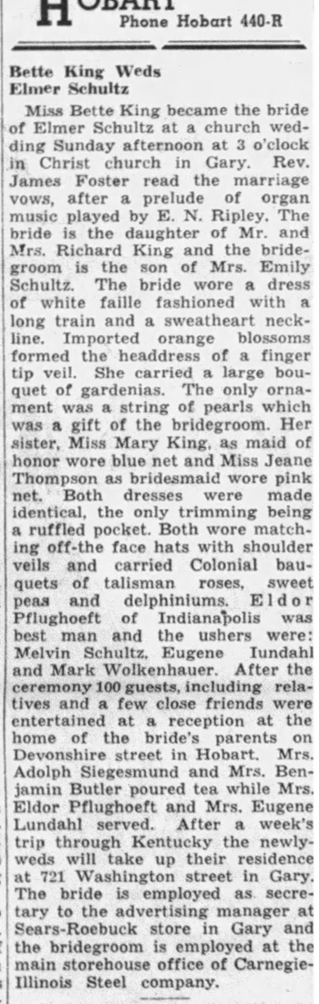 Elmer Schultz marriage info, Class of 1936