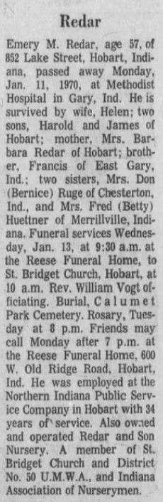 Emery Redar obituary, Class of 1934