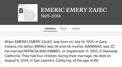 Emery Zajec life info, Class of 1943