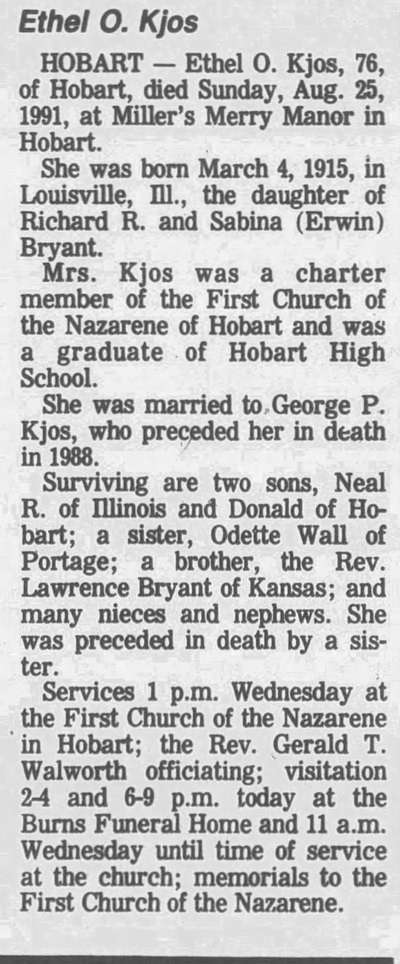 Ethel Bryant Kjos obit, Class of 1934