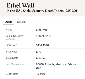 Ethel Halsted Wall death record, Class of 1914