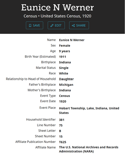 Eunice Werner cnsus info, Class of 1929