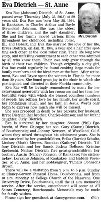 Eva Rae Johnson Dietrich obit, Class of 1942