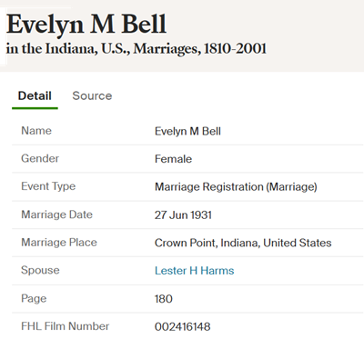 Evelyn Bell Harms Foley marriage info, Class of 1931