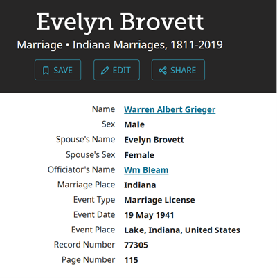 Evelyn Brovett Grieger marriage info, Class of 1931