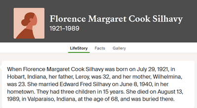 Florence Cook Silhavy life info, Class of 1939