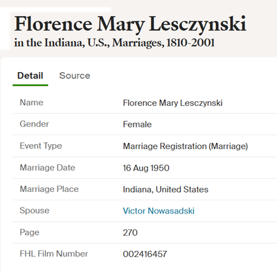 Florence Leszczynski Nowasadski marriage info, Class of 1947