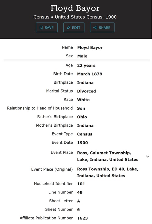 Floyd Bayor census record, Class of 1895