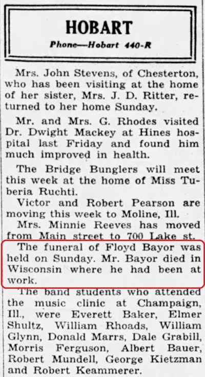 Floyd Bayor obituary notice, Class of 1895