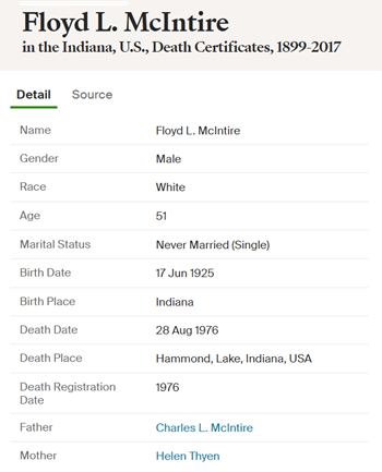 Floyd McIntire death cert info, Class of 1943