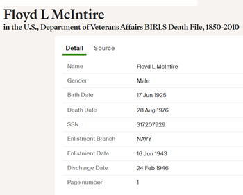 Floyd McIntire military info, Class of 1943