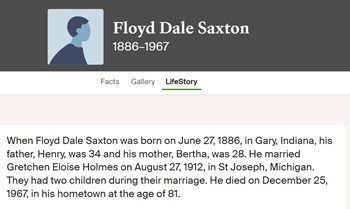 Floyd Saxton life info, Class of 1905