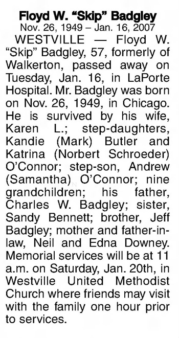 Floyd "Skip" Badgley obituary, Class of 1968