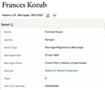 Frances Kozub marriage info, Class of 1947