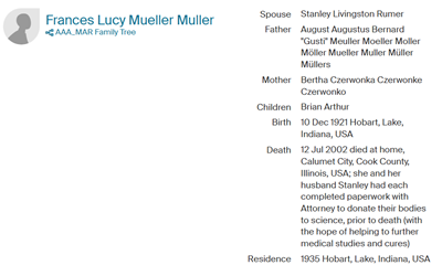 Frances Mueller Rumer life info, Class of 1939