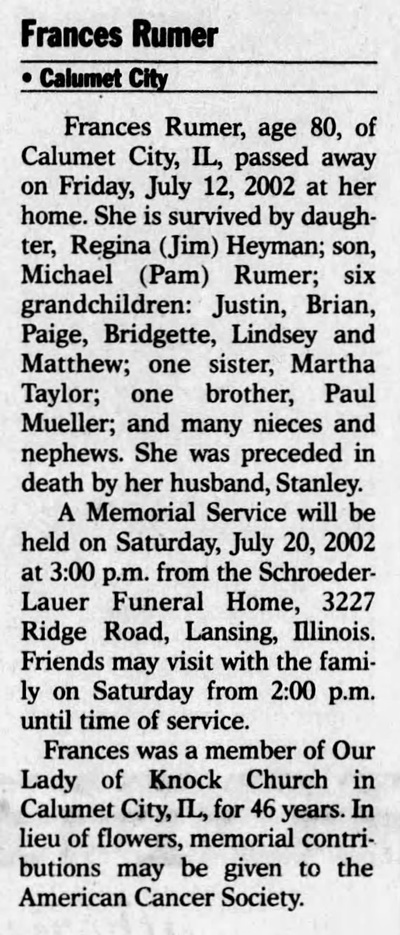 Frances Mueller Rumer obit, Class of 1939