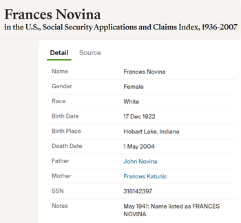 Frances (Francis) Novina obit info, Class of 1941