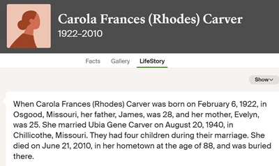 Frances Rhoades Carver life info, Class of 1939