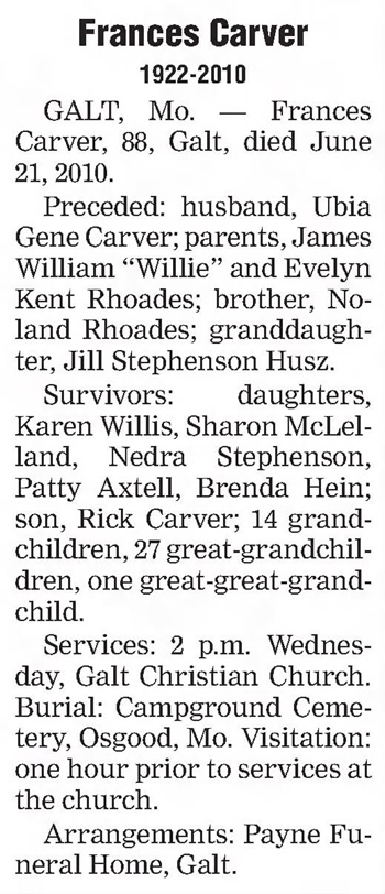 Frances Rhoades Carver obit article, Class of 1939