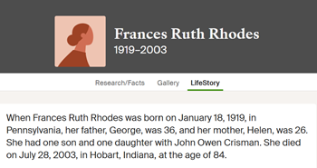 Frances Rodes Crisman life info, Class of 1936