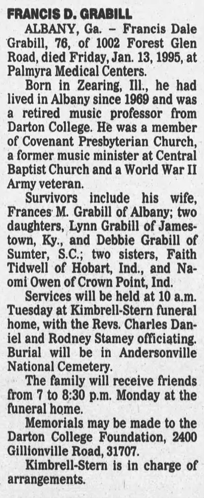 Francis Dale Grabill obit, Class of 1936