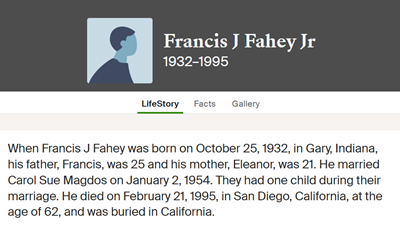 Francis Fahey life info, Class of 1951