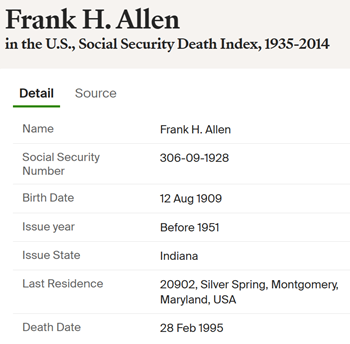 Frank Hardee Allen death info, Class of 1926