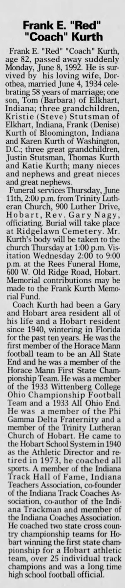 Frank Kurth obituary, Coach