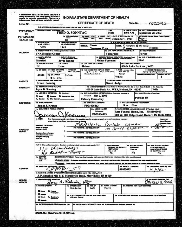 Fred Sonntag death certificate, Class of 1939