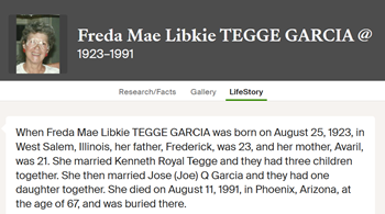 Freda Libkie Tegge Garcia life info, Class of 1942