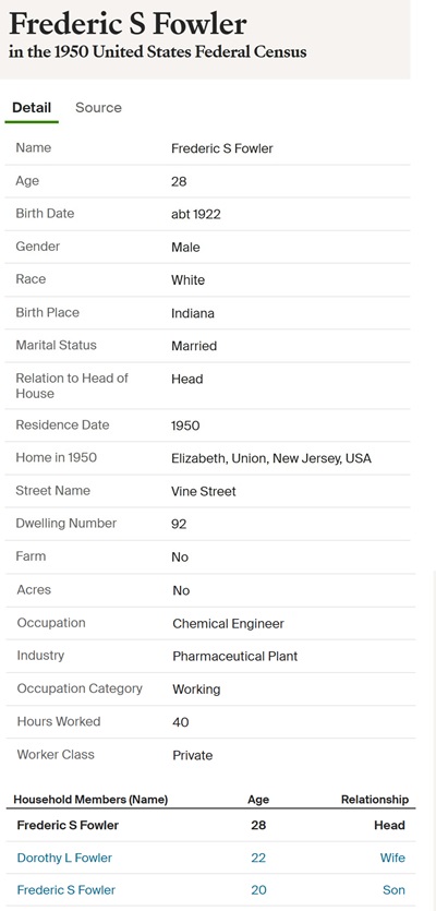 1950 Census record for Frederic Fowler, Class of 1940