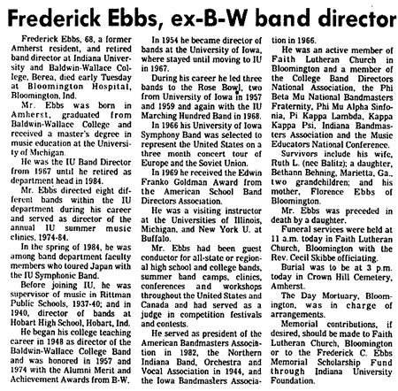 Frederick Ebbs obituary, Band Director