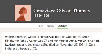Genevieve Gibson Thomas life info, Class of 1907