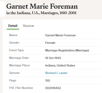 Garnet Foreman Lasker marriage info, Class of 1943