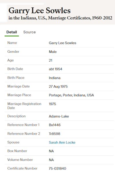 Garry Sowles marriage info, Class of 1972