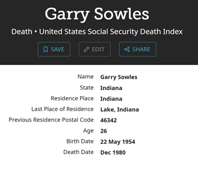 Garry Sowles obit info, Class of 1972