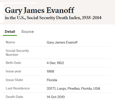 Gary Evanoff obit info, Class of 1971