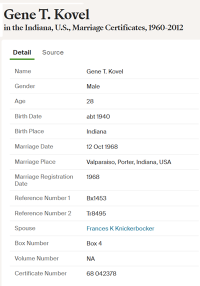 Gene Kovel marriage info, Class of 1958